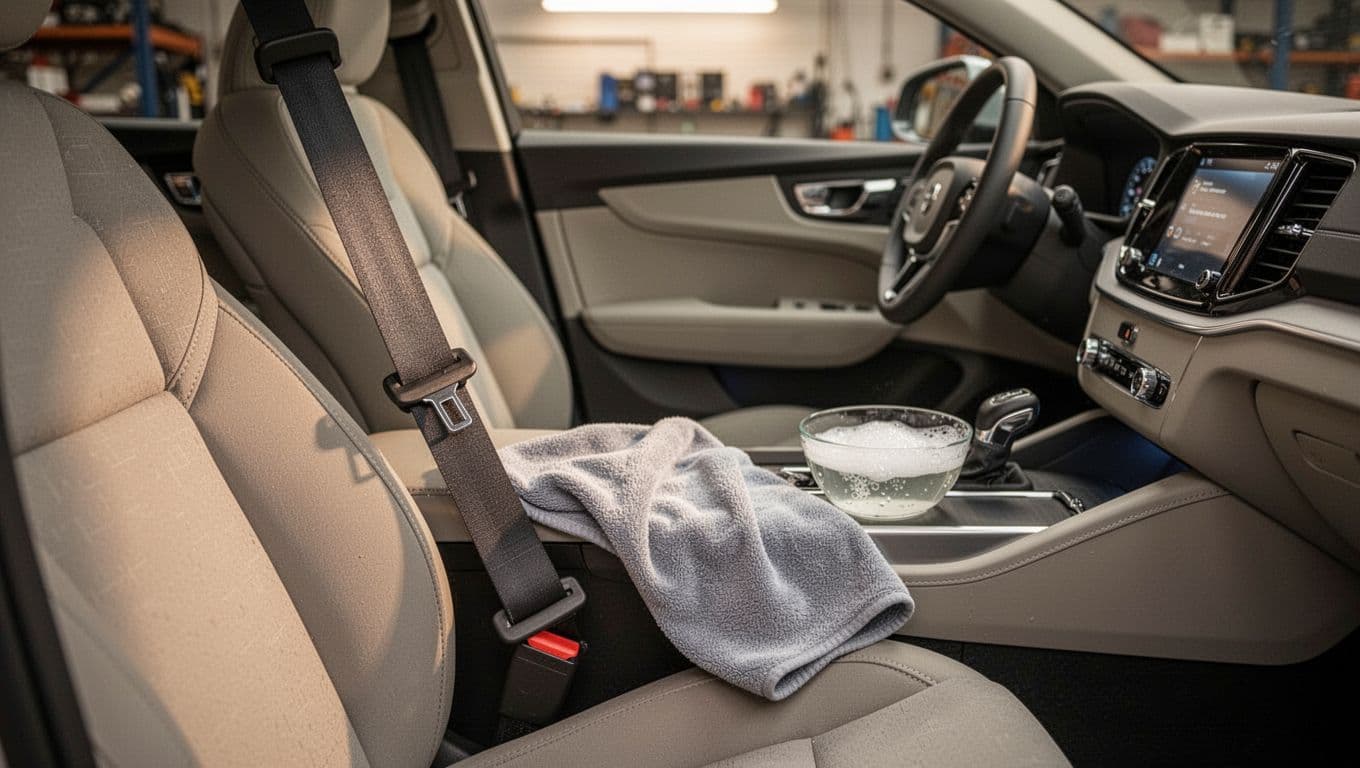 A hanging car seat belt beside a cloth and bowl of soapy water.