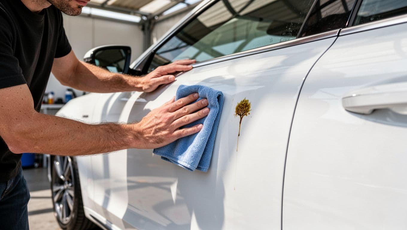 A detailer gently wipes sap from a white car door with a microfiber cloth.