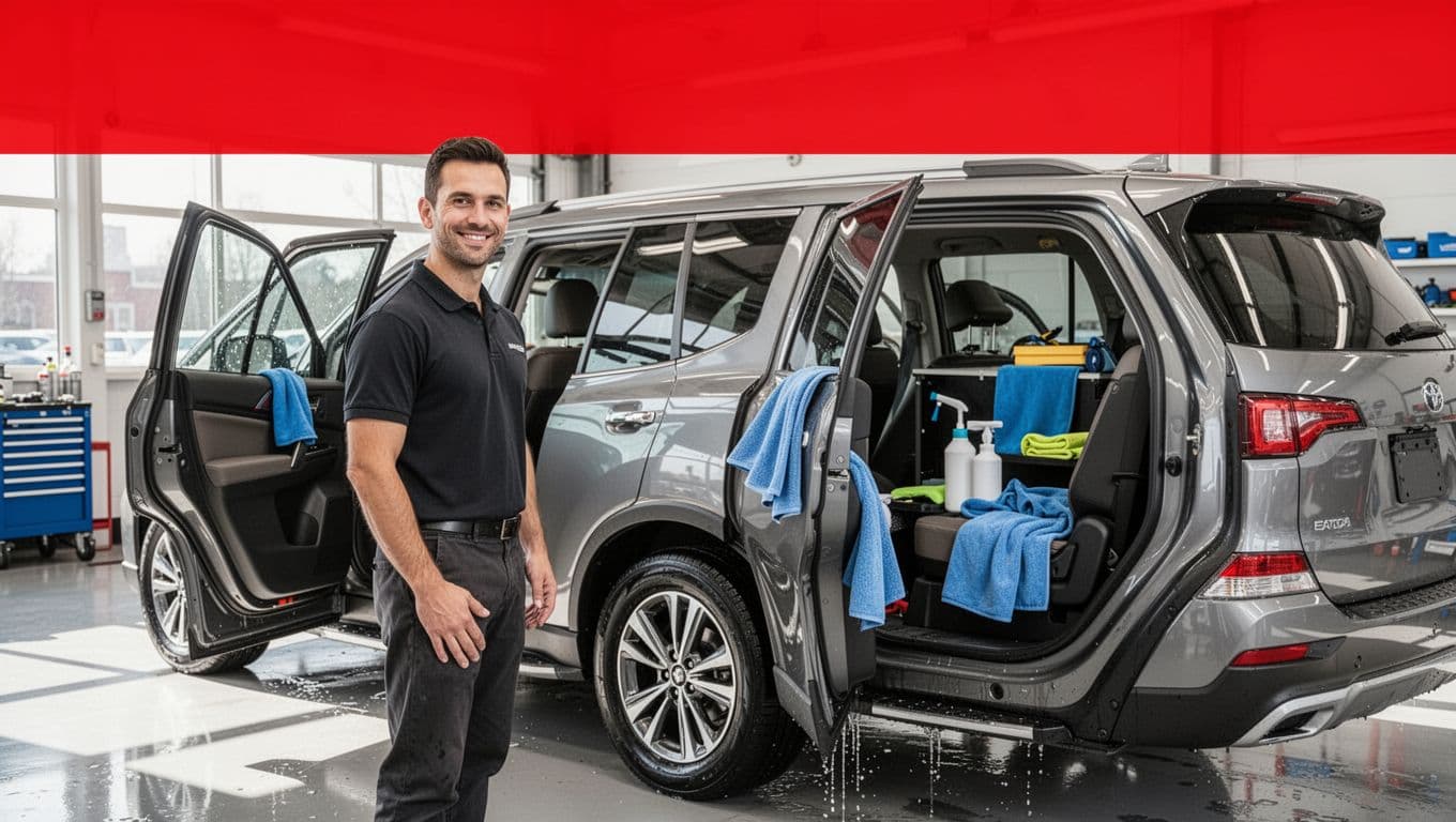 A detailer stands beside a clean SUV with towels and cleaning supplies visible through the open rear door.