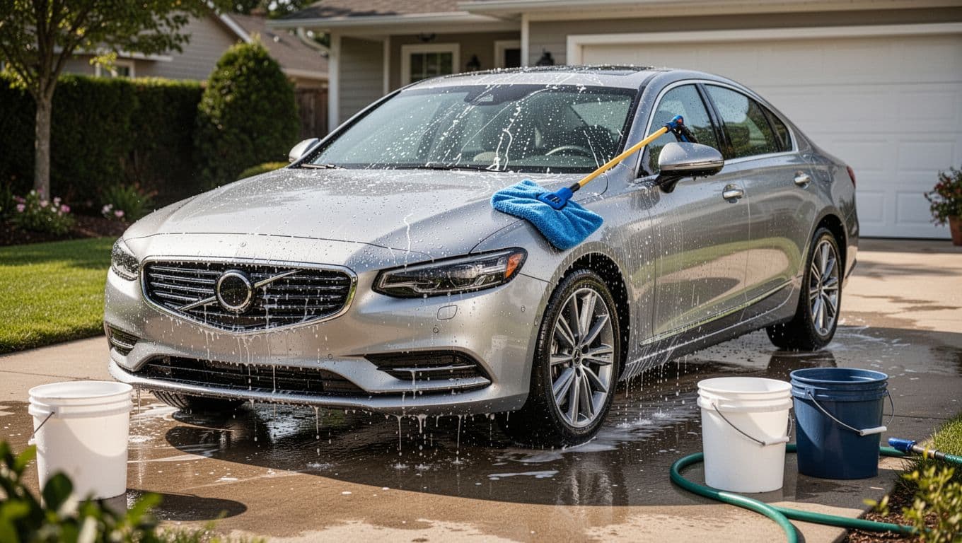 A clean car being washed in a driveway beside buckets and microfiber mitts.