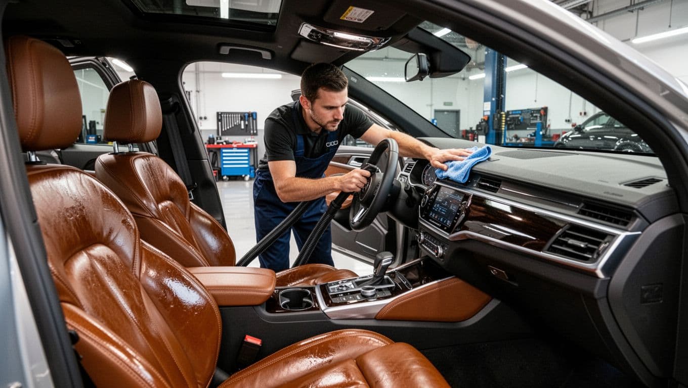 A worker cleans a car dashboard beside polished leather seats.