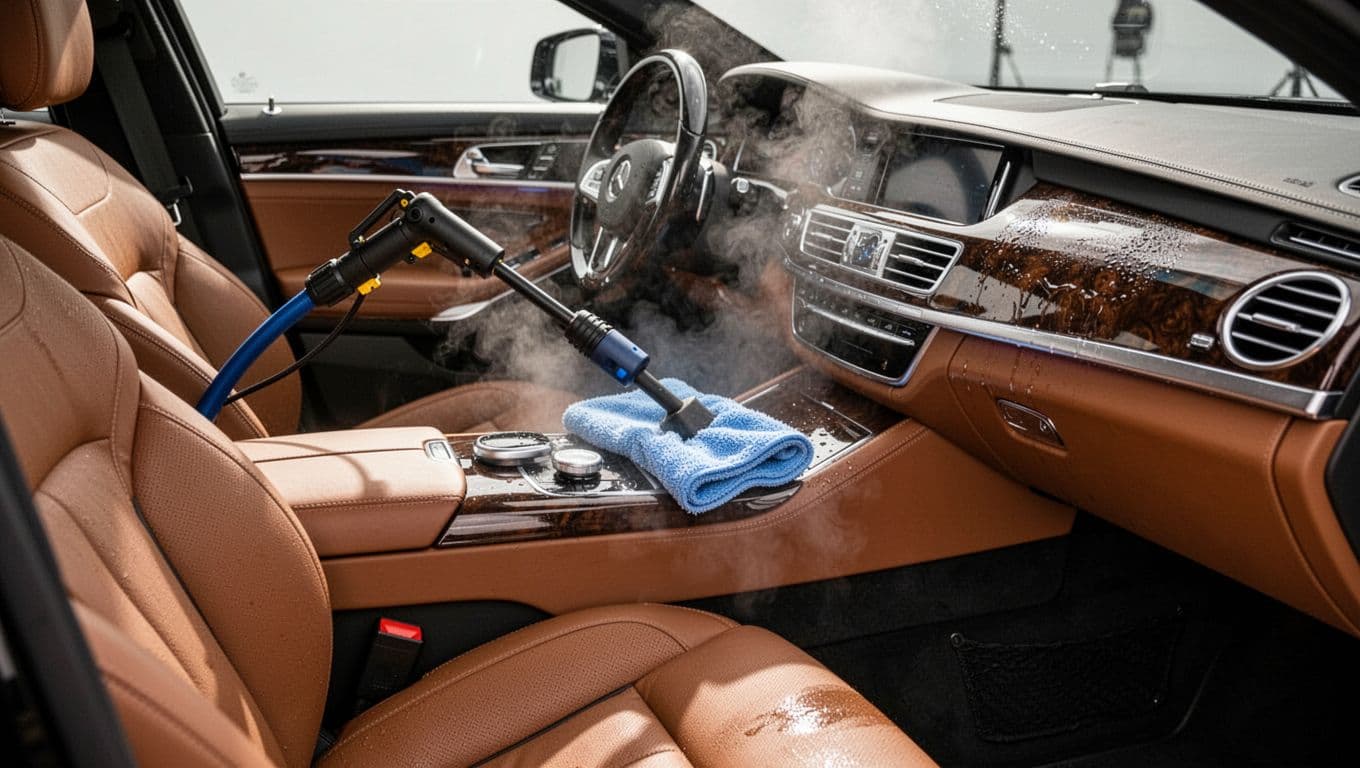 Clean leather car seats and dashboard being professionally detailed beneath a red cabin detailing banner.