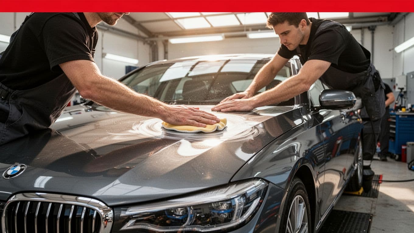 One worker polishes a luxury sedan beneath a red Car Care banner.