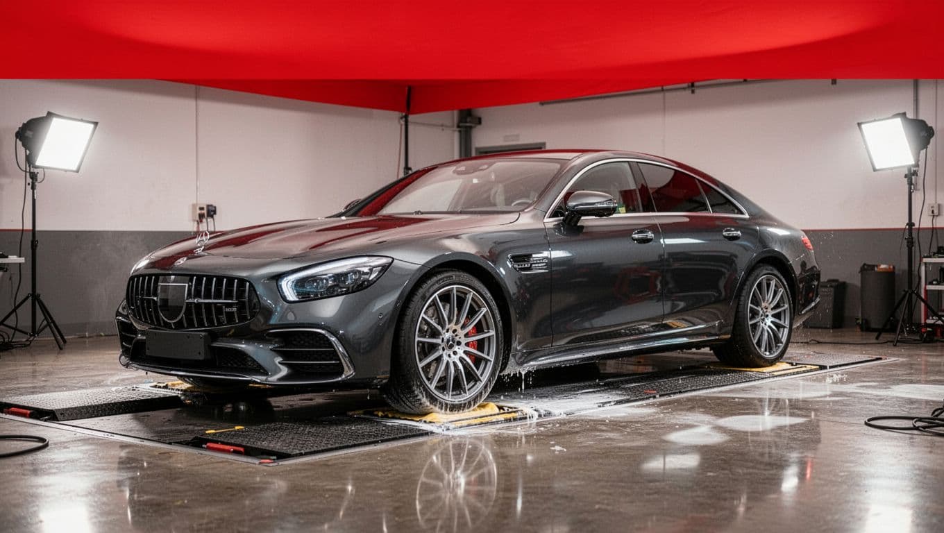 A luxury car being polished in a bright detailing studio beneath a red banner.