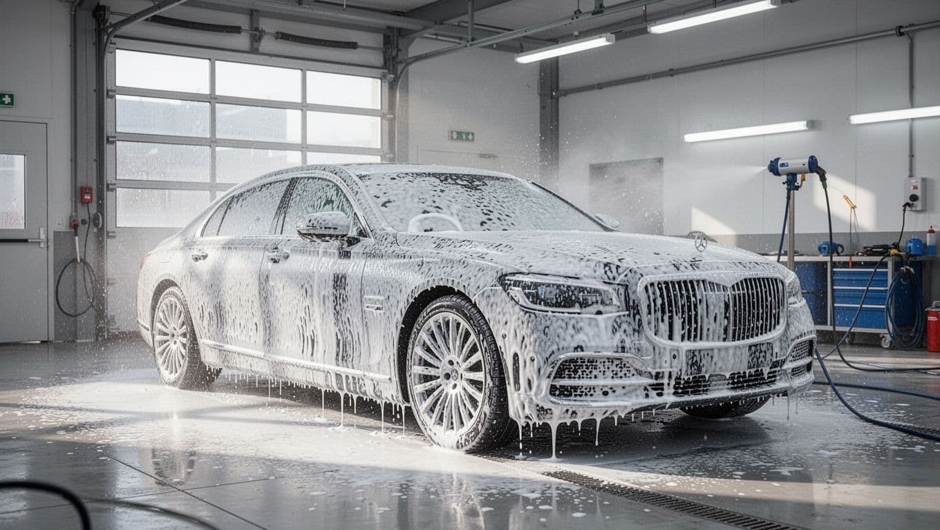 Luxury car covered in thick white foam inside a clean garage.