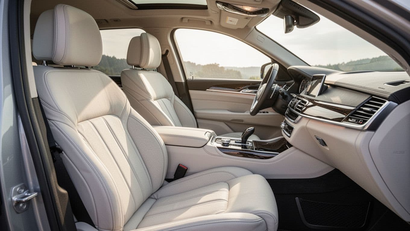 Clean stitched leather seats and a pristine dashboard beneath a red INTERIOR CARE banner.
