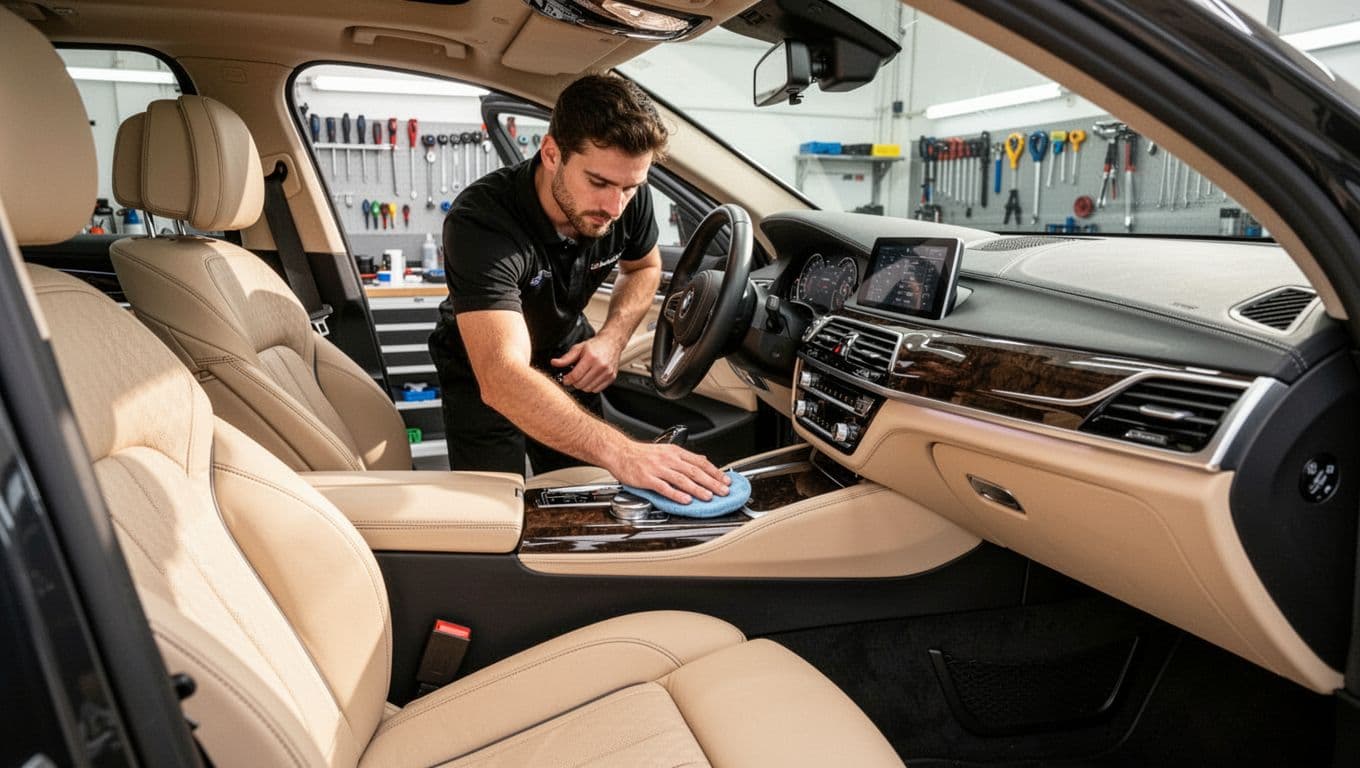 A detailer polishing the interior of a luxury car in a bright studio.