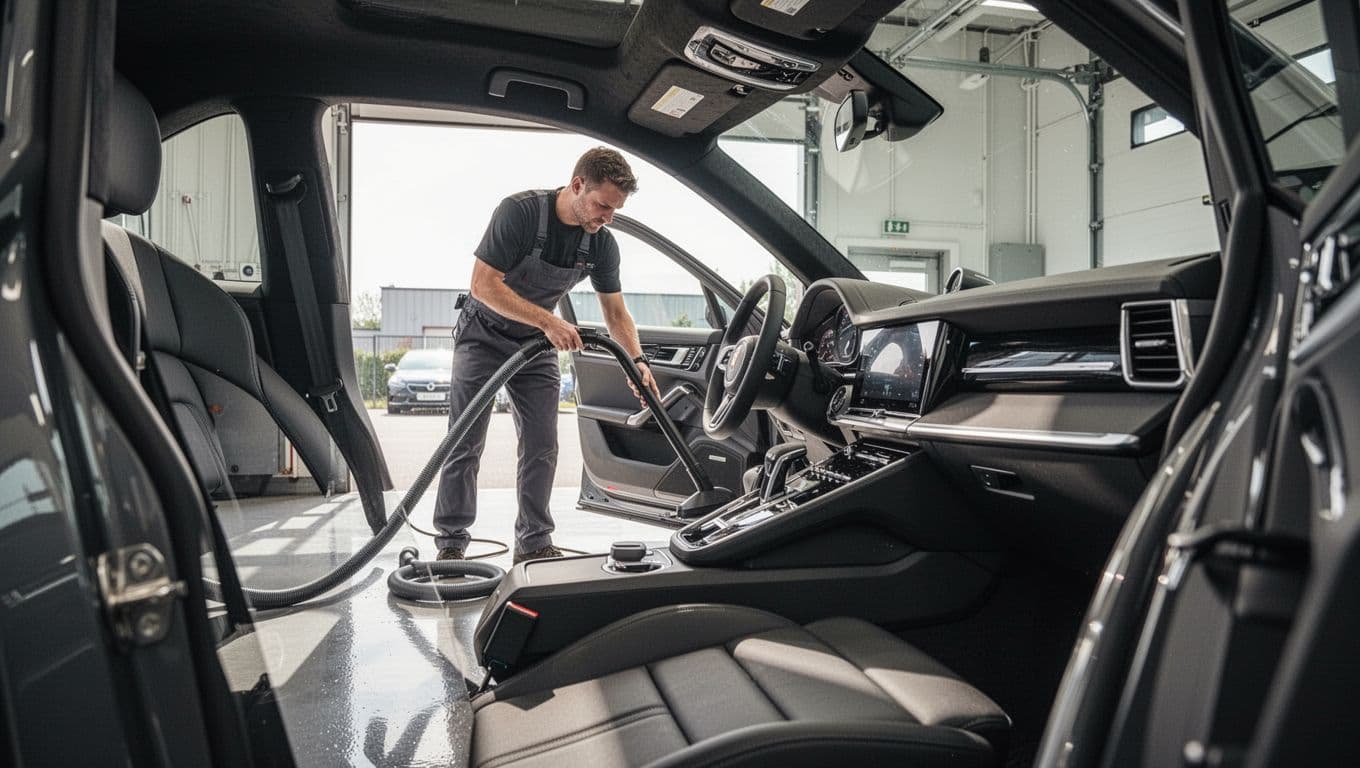 A detailer vacuums the interior of a luxury car in a clean garage.