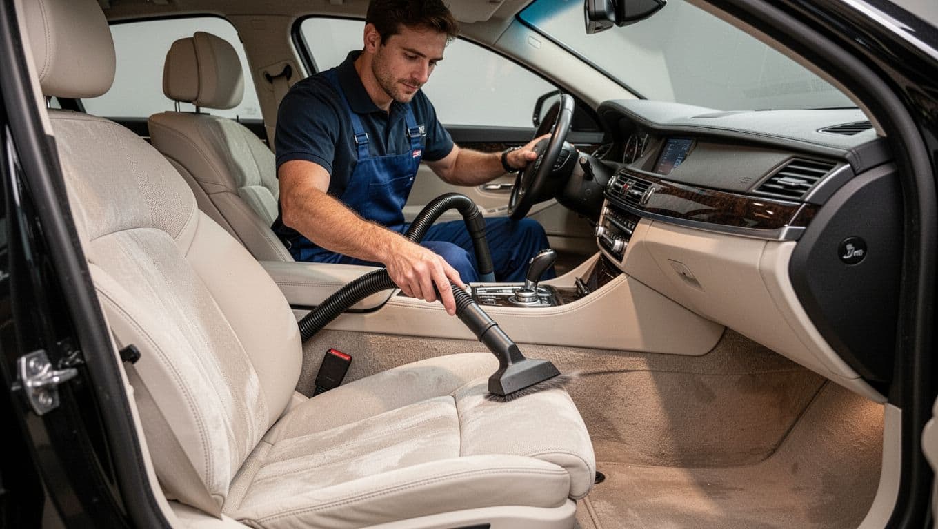 Technician vacuuming the floor of a luxury car interior.