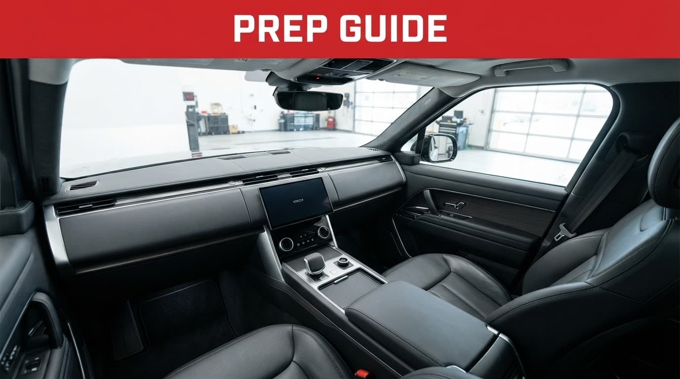 Clean luxury car interior with leather seats and a center console.