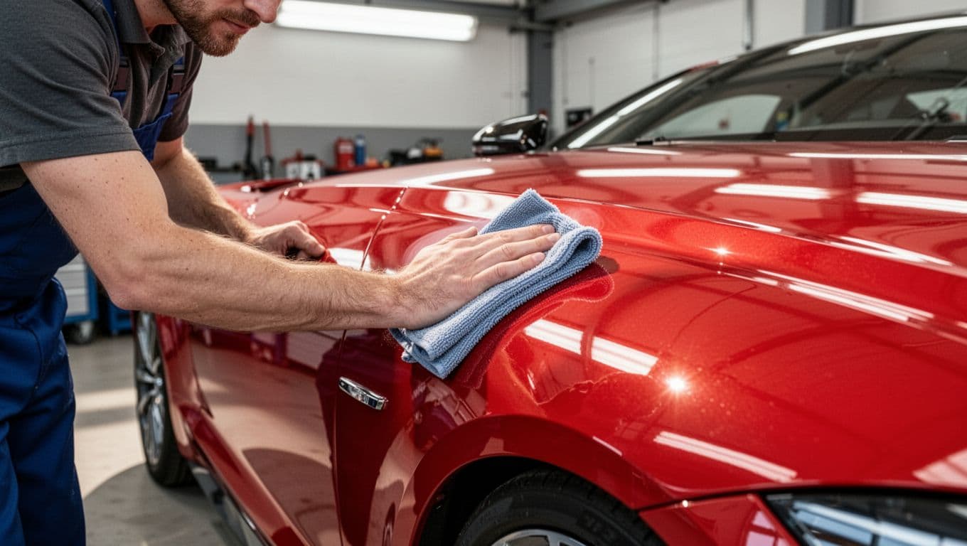 A technician polishes a shiny red luxury car in a clean workshop.