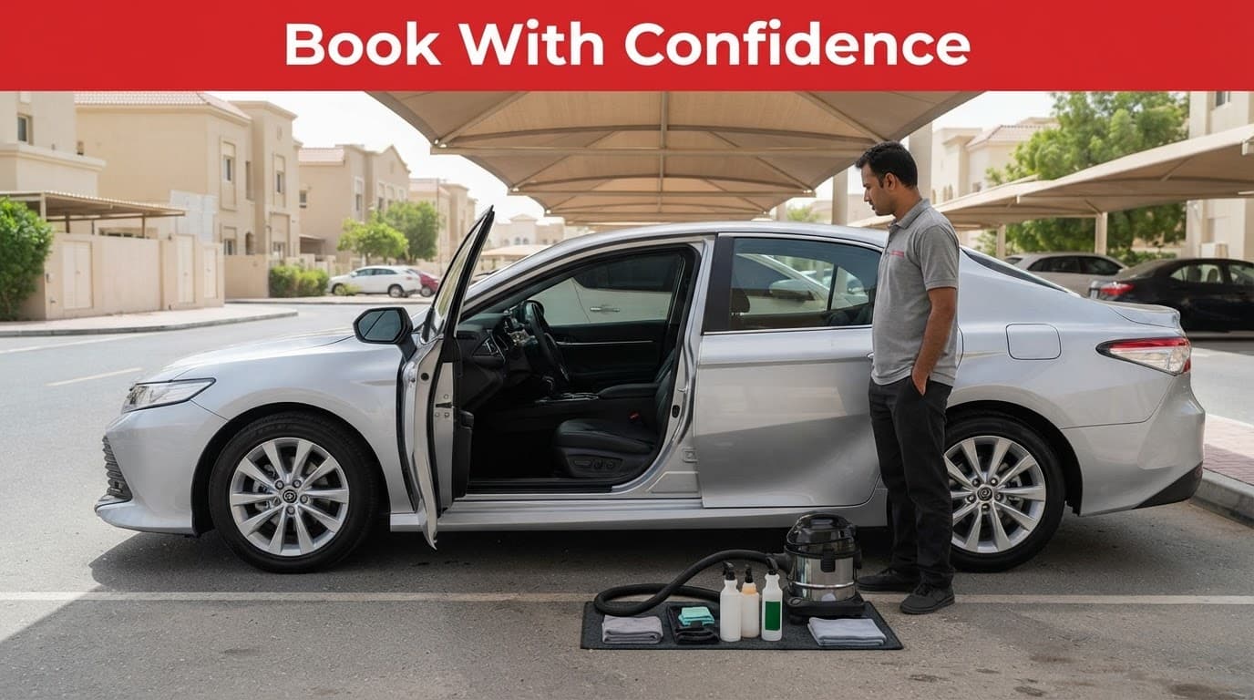 Silver sedan with an open door, clean interior, and technician in a shaded parking area.