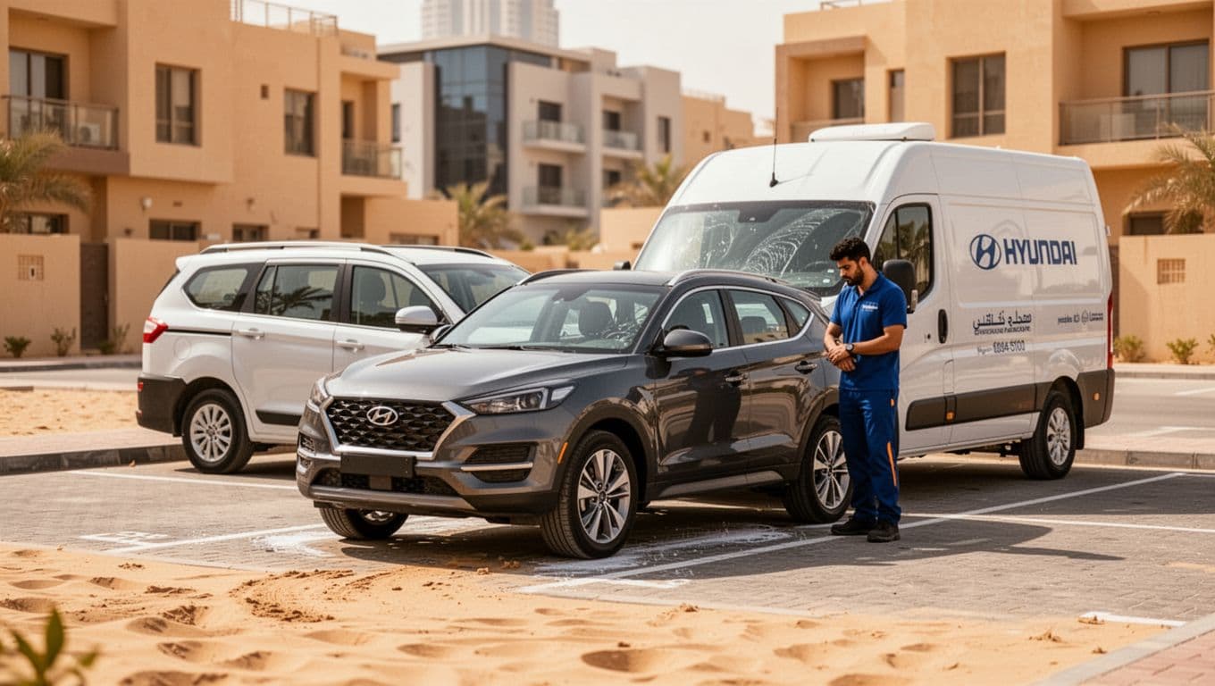 A worker inspects an SUV beside a detailing van in a Dubai parking area.