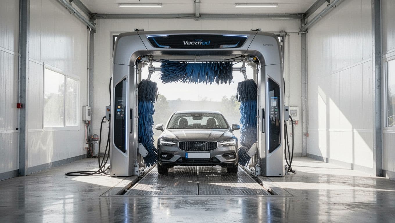 Automated car wash equipment in a clean bay beneath a red banner.