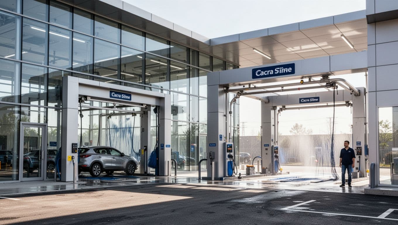 Modern car wash with bright lights, open bays, and one person in the background.