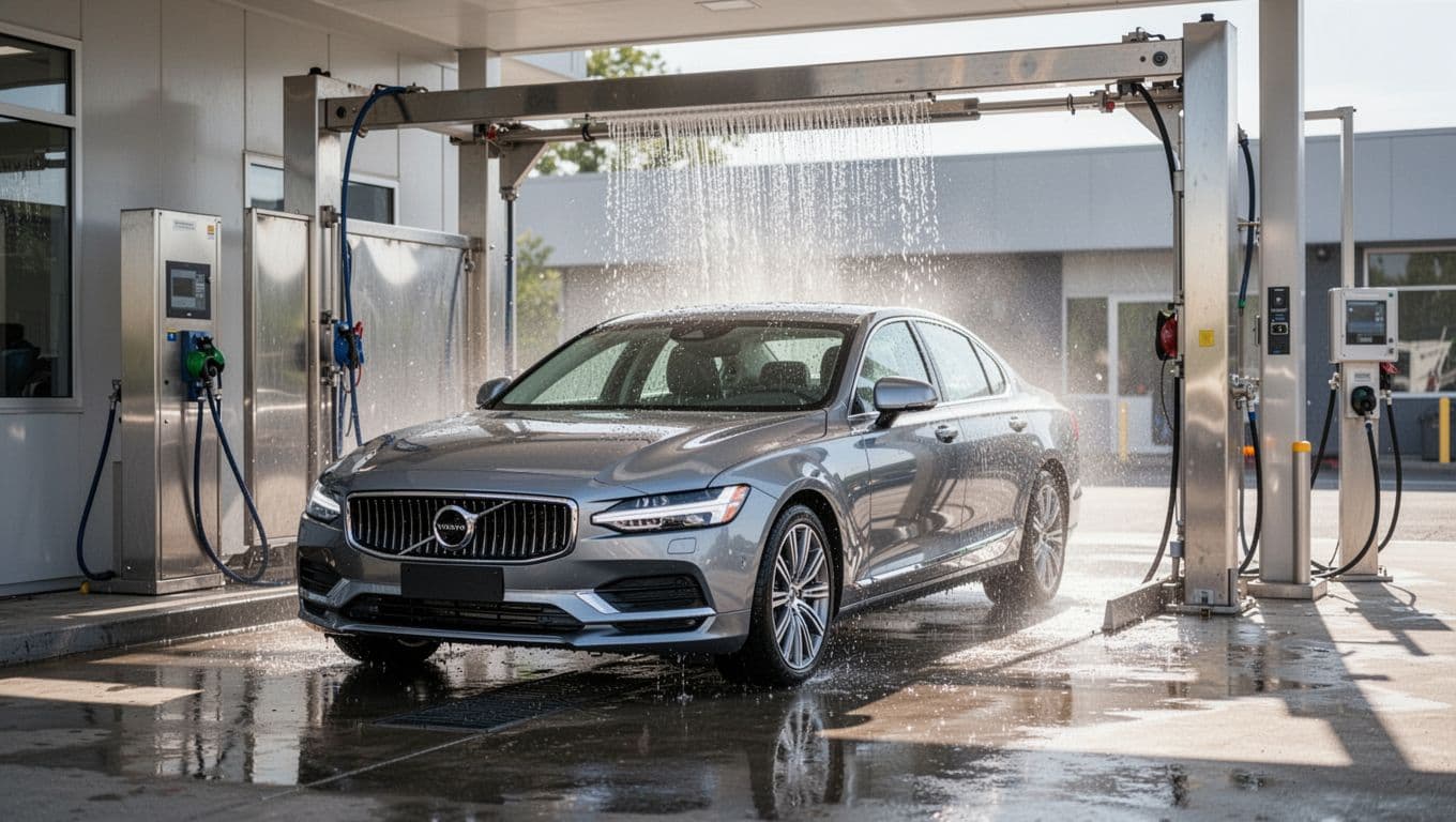 A shiny car sits at a clean modern wash station beneath a red WASH OPTIONS banner.