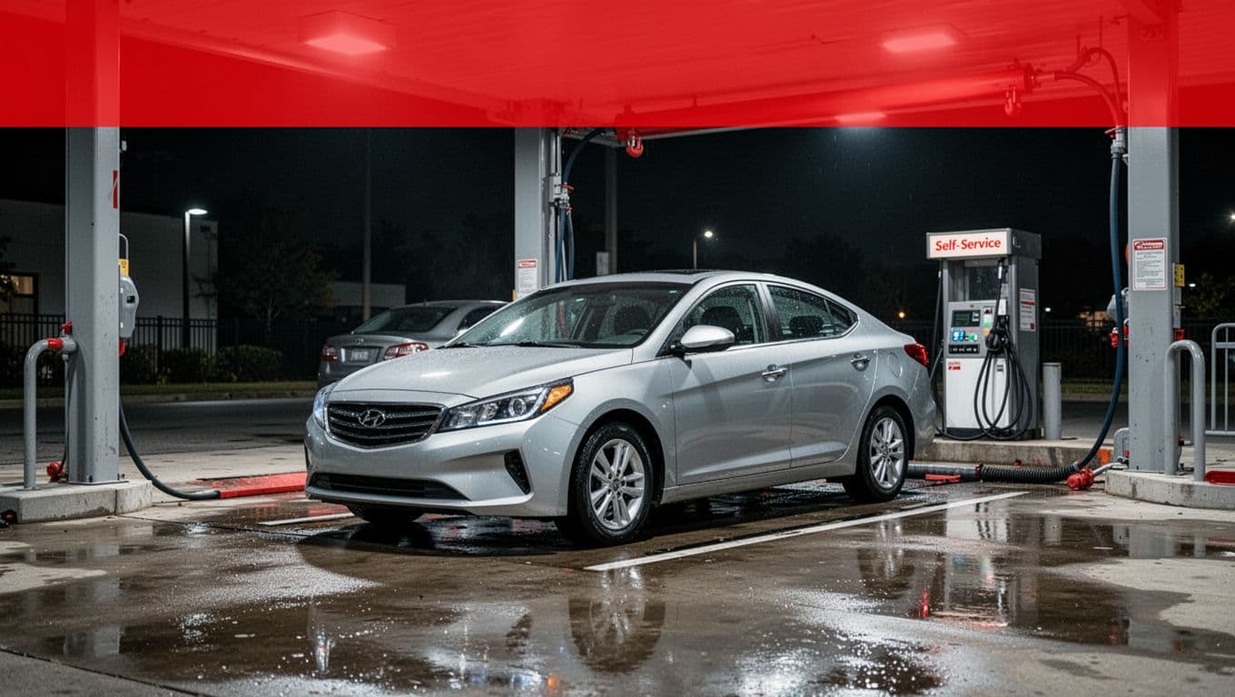 A silver sedan in a lit car wash bay at night.