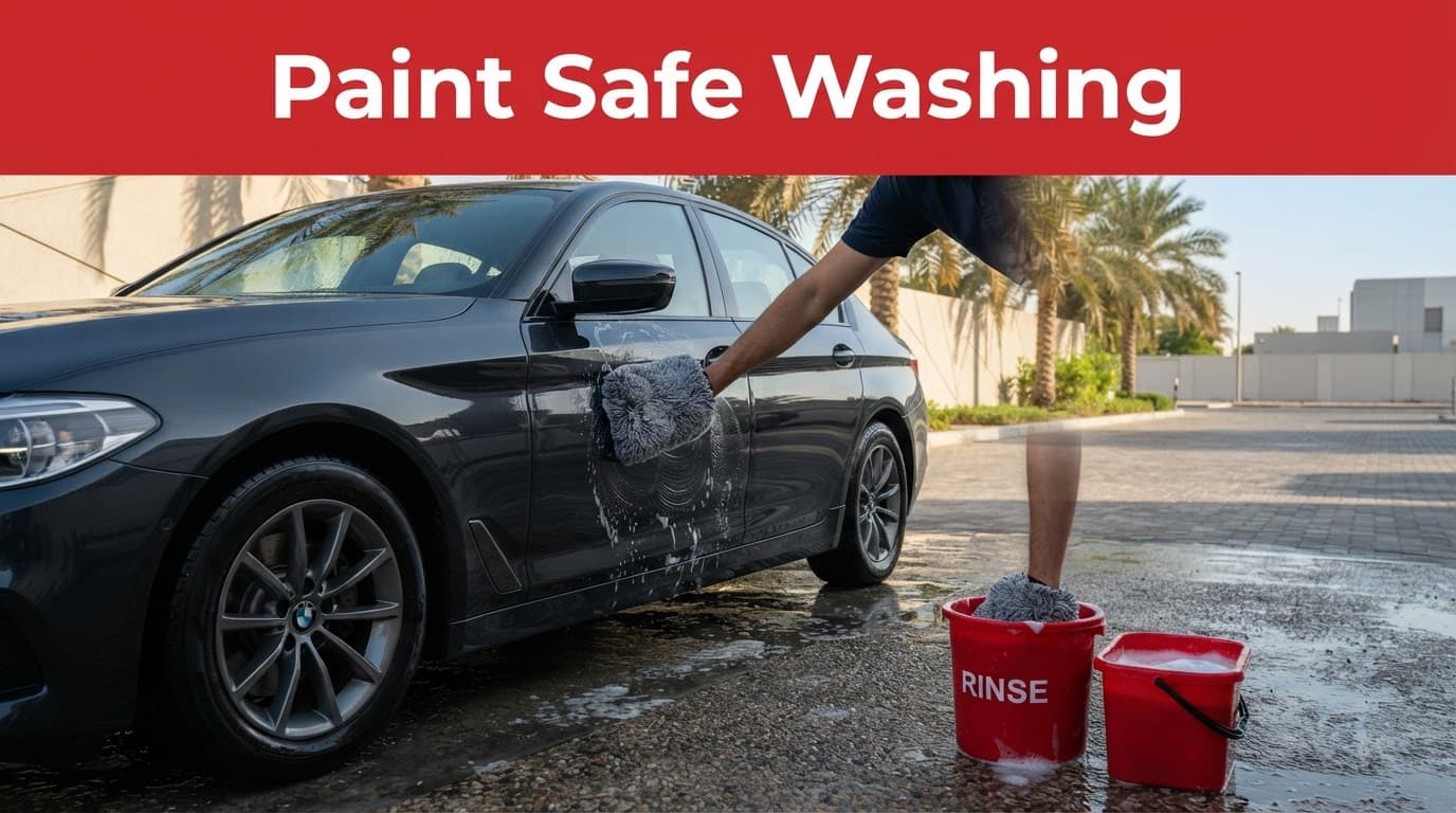 A person uses a microfiber mitt to wash a dark sedan beside a bucket.