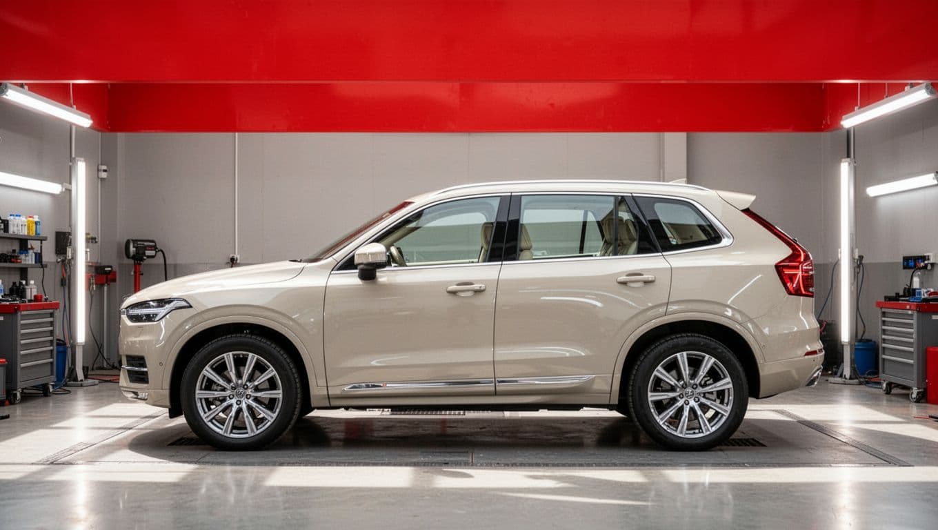 A spotless light SUV stands in a tidy workshop beneath a red band.