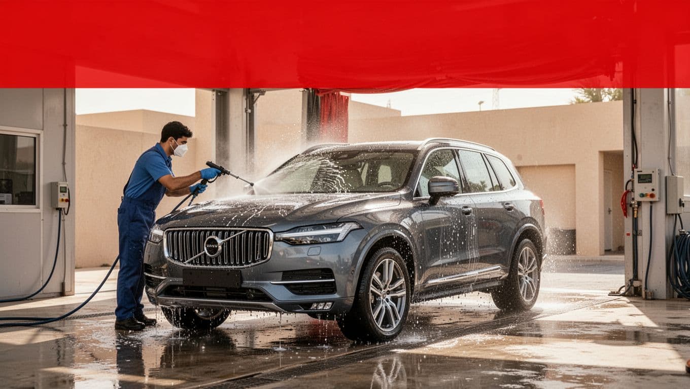 A modern SUV is being washed in a bright car care bay beneath a red headline banner.