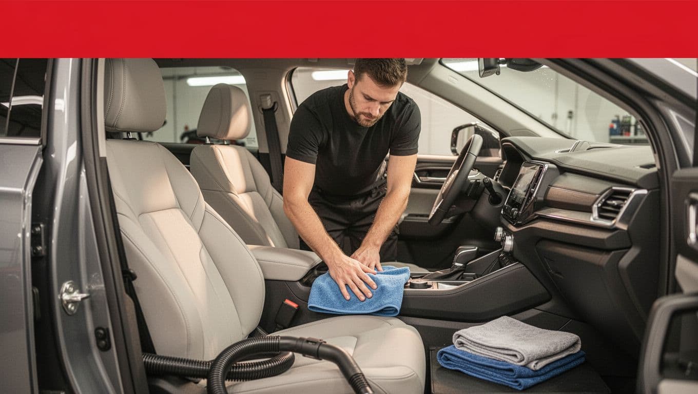 A detailer cleans a modern SUV interior beside a vacuum hose and towels.