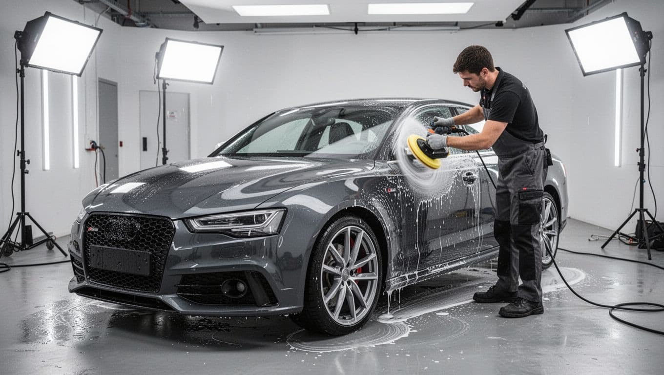 One detailer polishes a sleek car beneath bright studio lights.