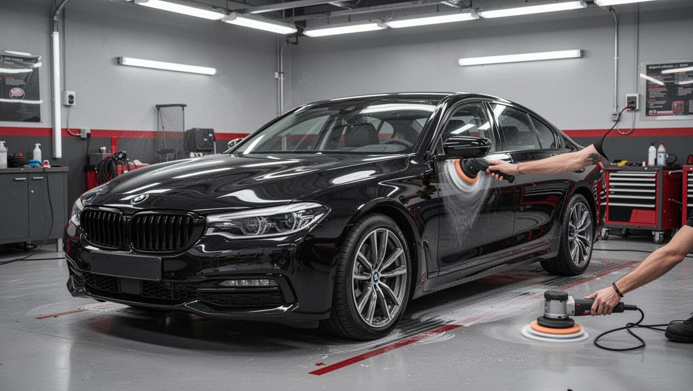 A detailer polishes a black sedan in a clean car detailing bay.