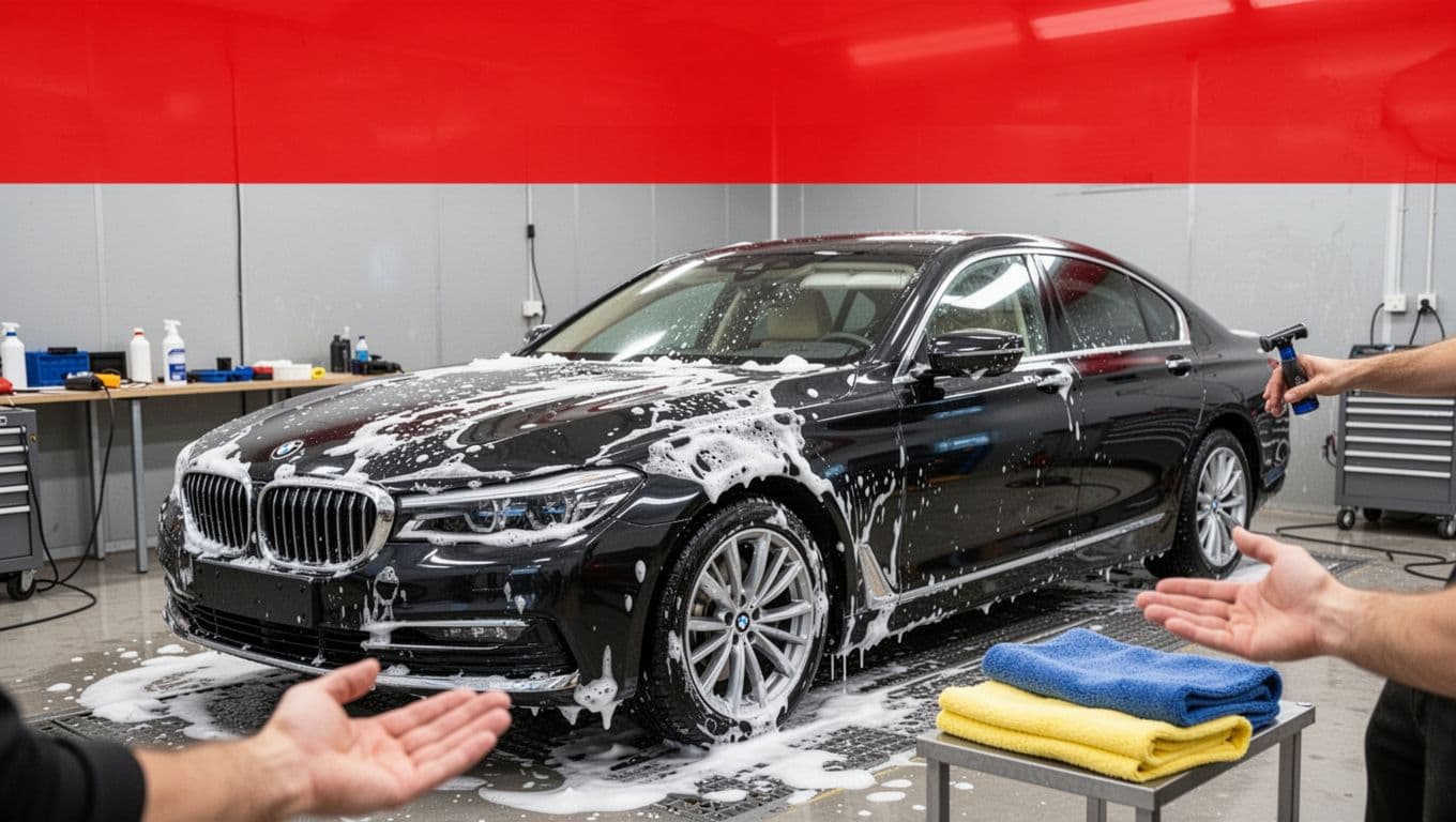 A dark sedan is cleaned with foam in a bright professional detailing bay.