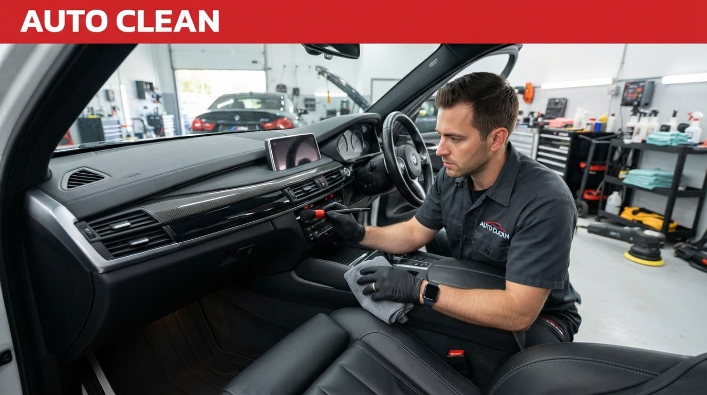 A detailer cleans a car dashboard and upholstery in a bright workshop.