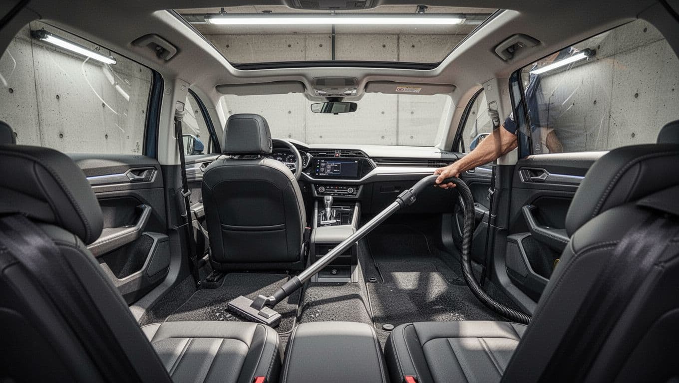 A cleaner vacuums a car floor mat inside a bright garage.