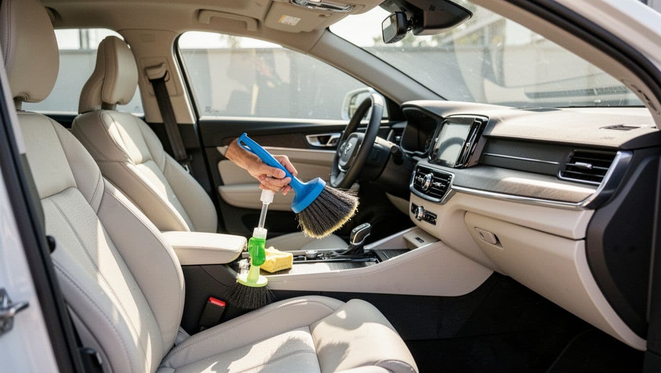 Modern car interior being cleaned with soft brushes in bright daylight.