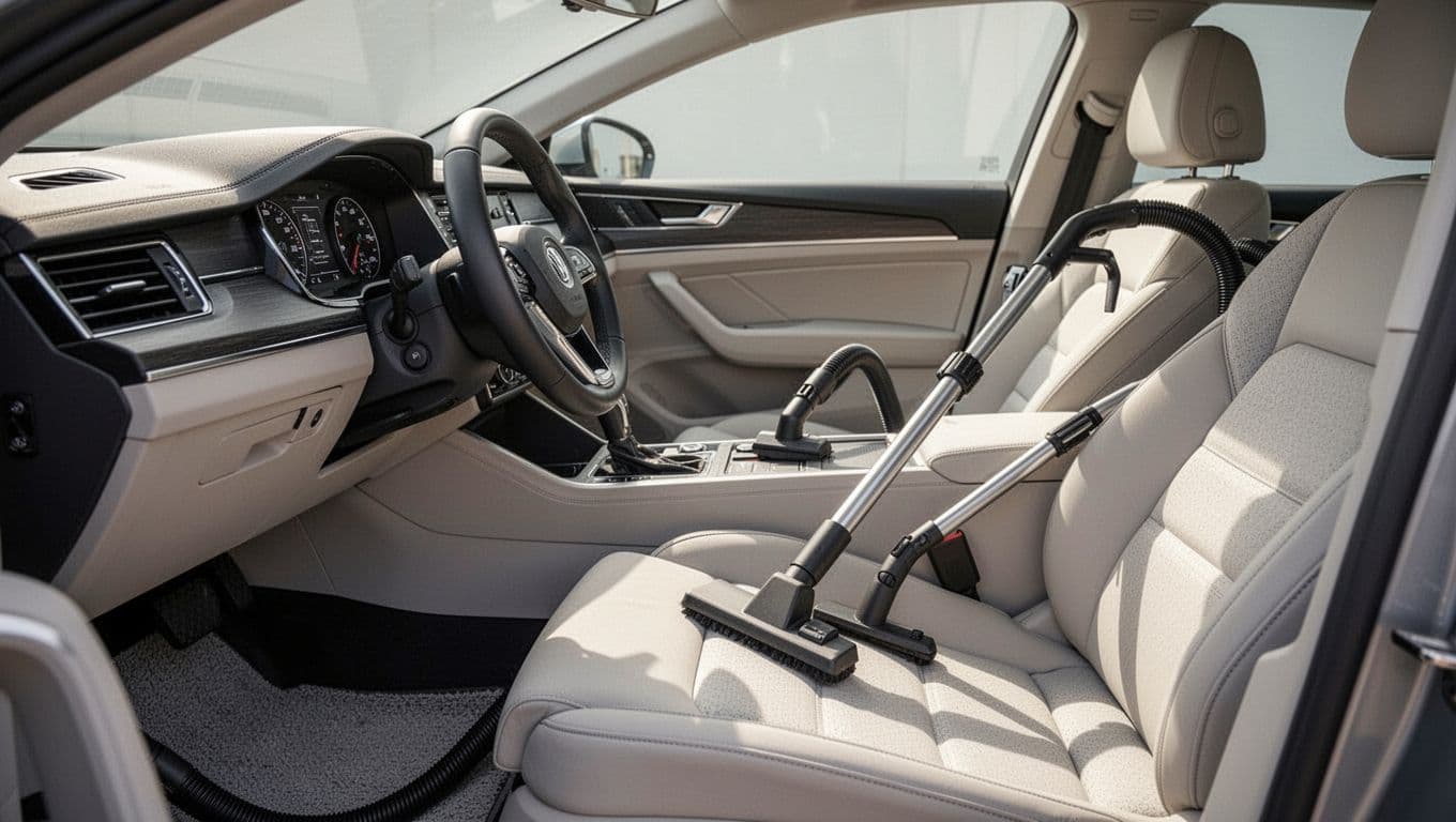 Clean car interior with vacuum tools and a red Interior Care banner.