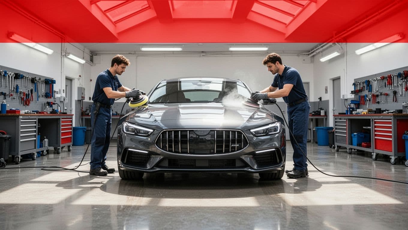 A technician polishes a car in a bright, clean automotive workshop.