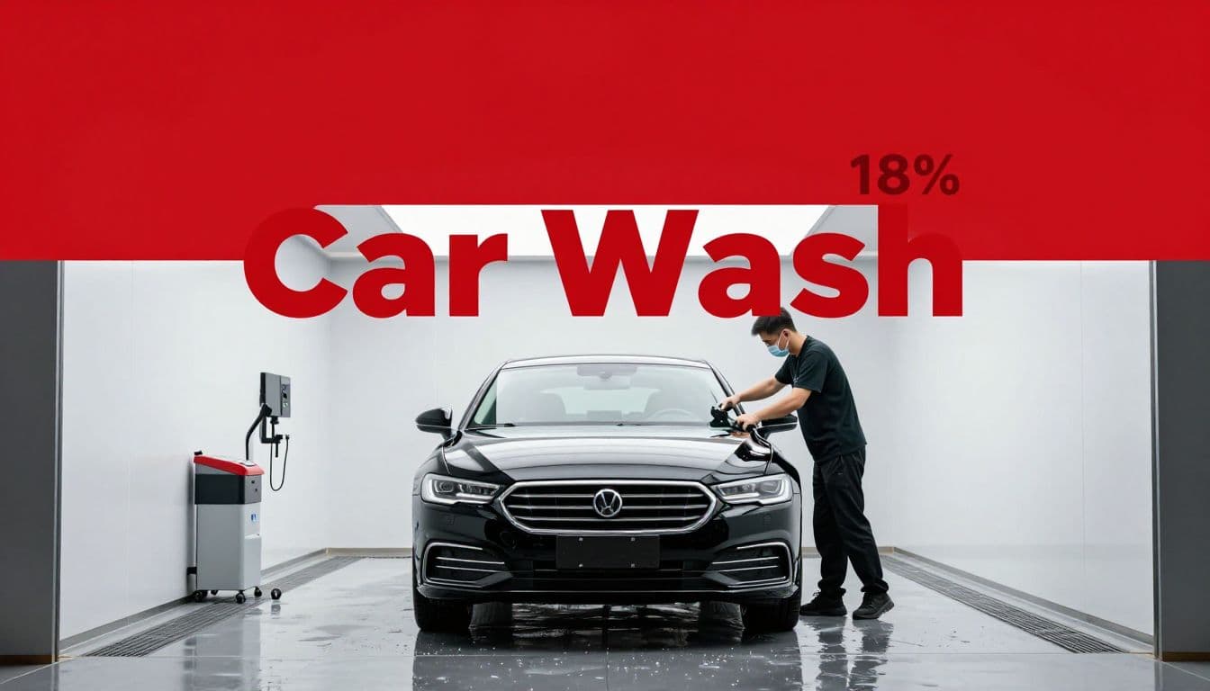 A technician washes a black sedan in a bright indoor car-care bay.