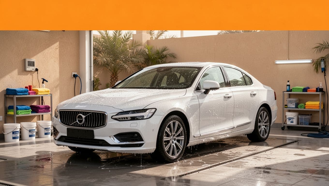 A clean white sedan beside buckets and microfiber towels in a bright detailing facility.