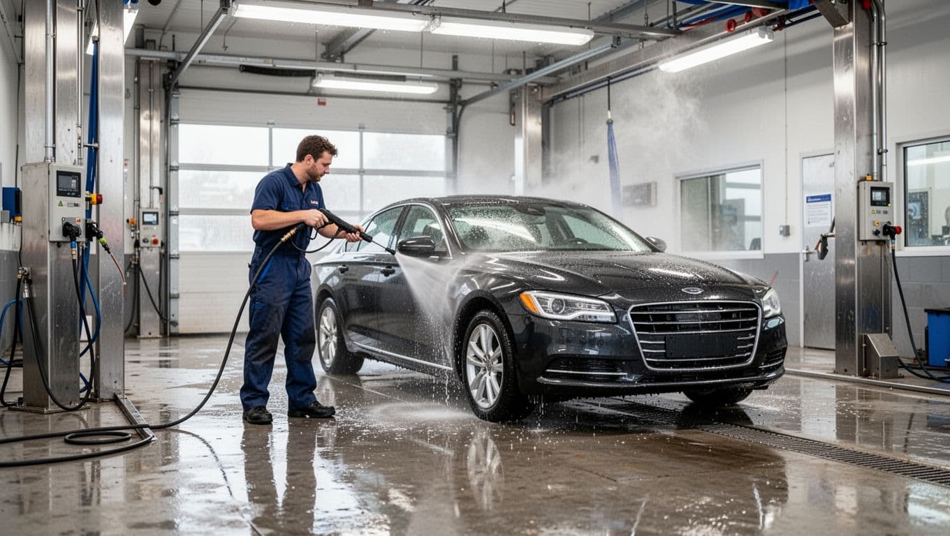 A technician pressure-washes a sedan inside a clean, brightly lit garage.