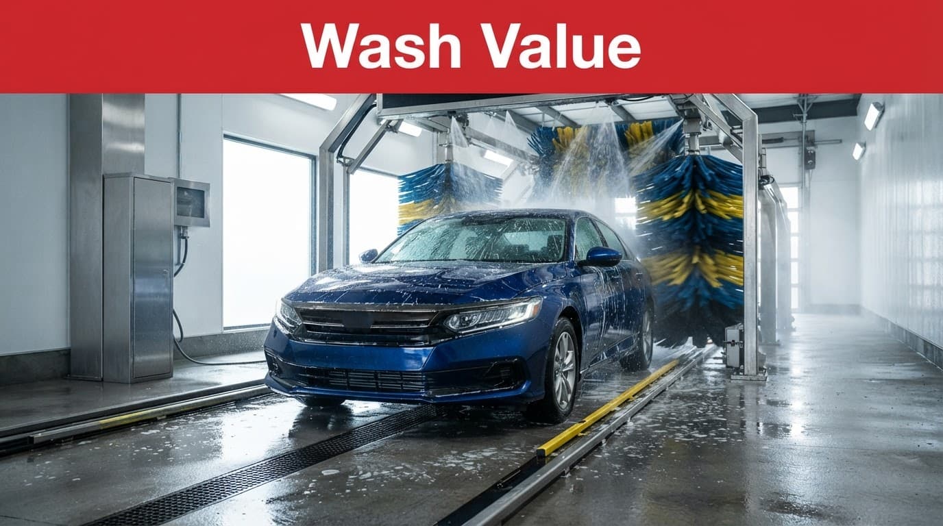 A sedan passes through an automated car wash with brushes and water spray.
