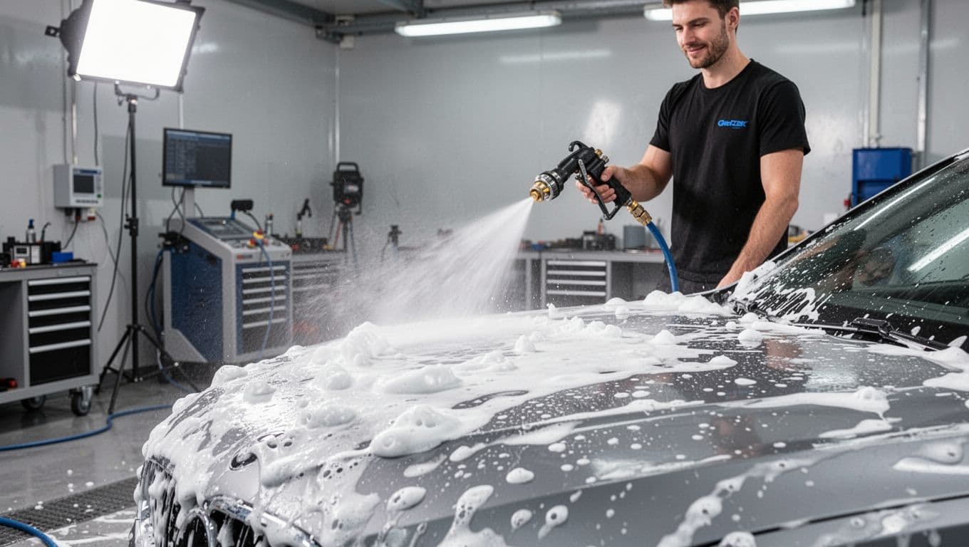 A car wash gun sprays thick white suds over a vehicle in a bright detailing shop.