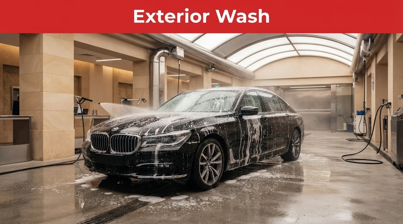 Black sedan in a bright wash bay beneath a red Exterior Wash headline.