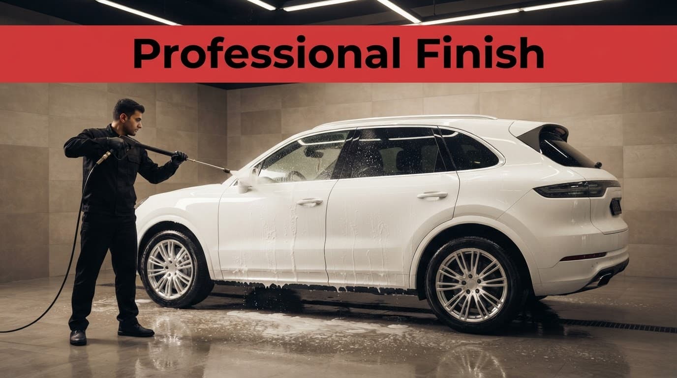 A worker washes a glossy white SUV in a premium car care bay.