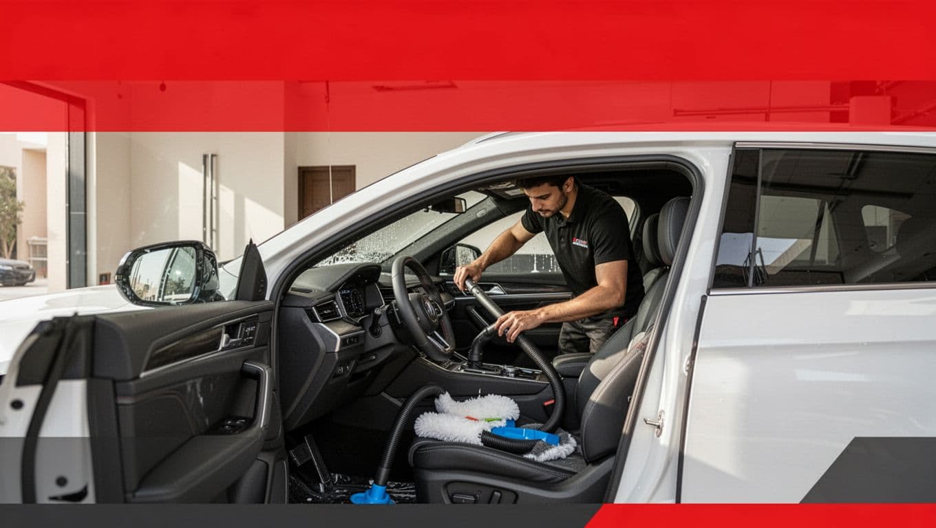 A detailer vacuums the interior of a white SUV in a bright garage.