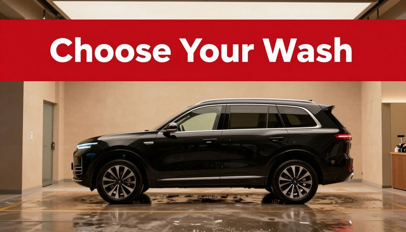 One worker washes a black SUV inside a modern vehicle cleaning bay.
