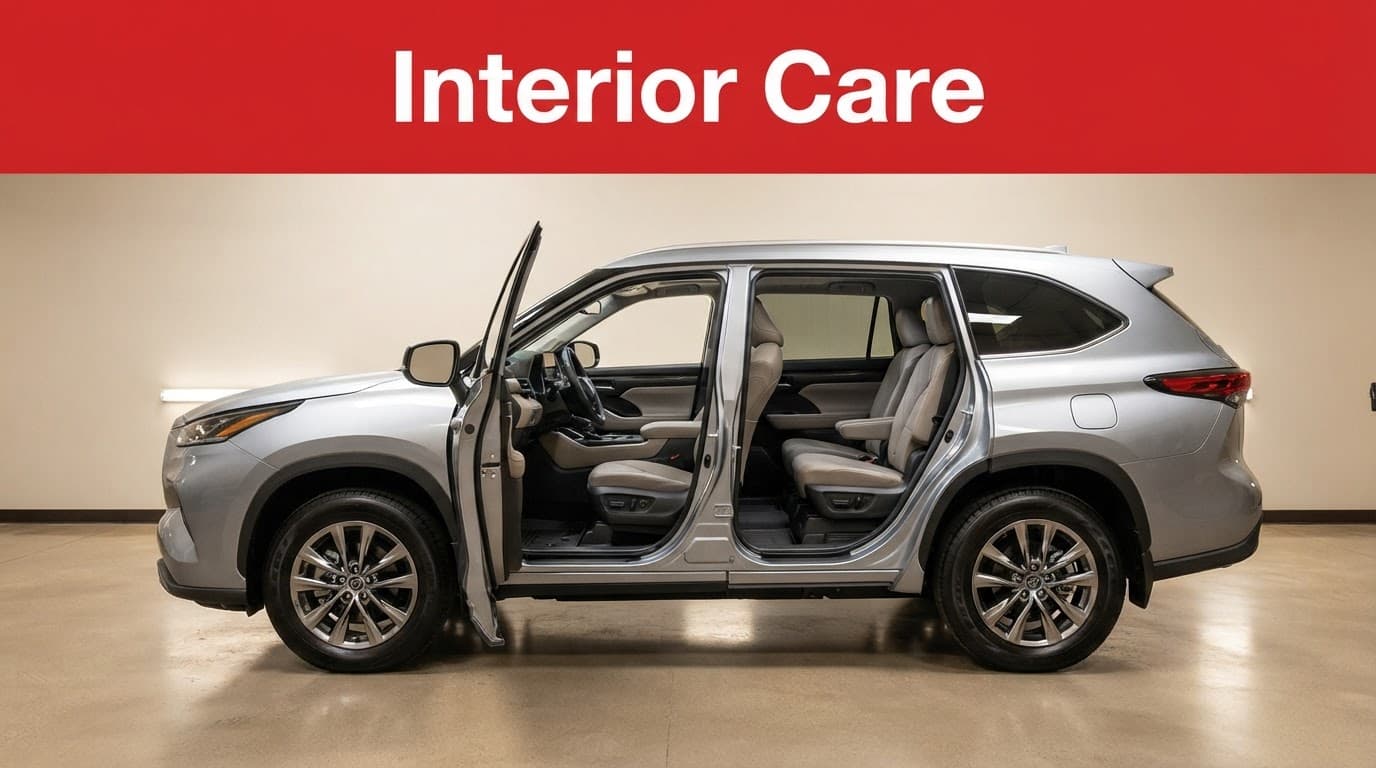 A clean SUV interior with arranged seats and floor mats visible through an open door.