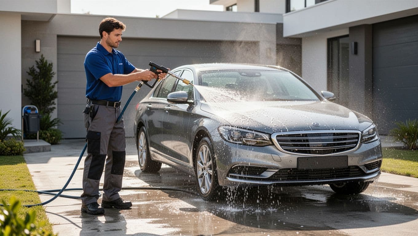 Technician rinsing a clean car with a spray nozzle outdoors.
