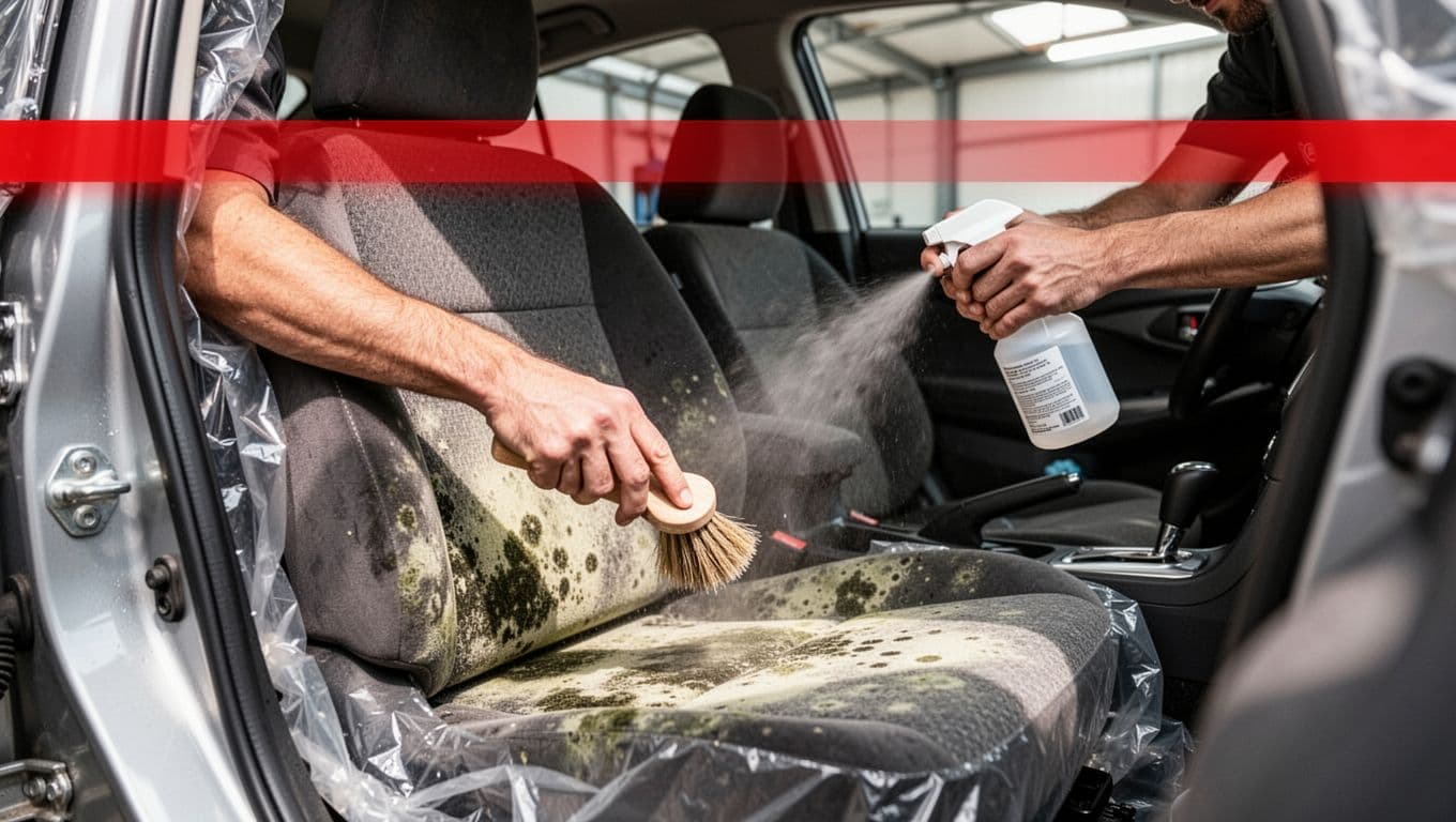 A detailer brushes mold from a car seat beside protective sheeting.