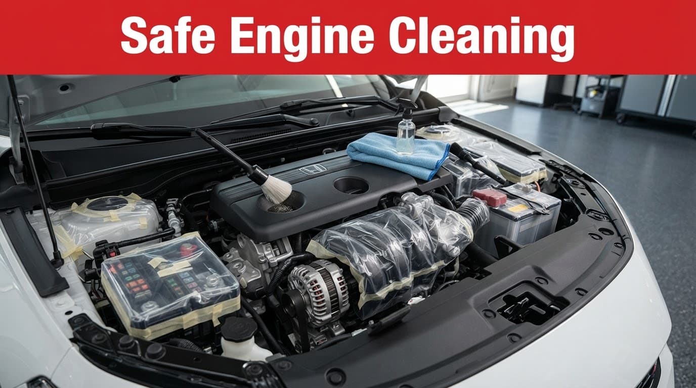 Clean engine bay with tools and covers protecting electrical parts.