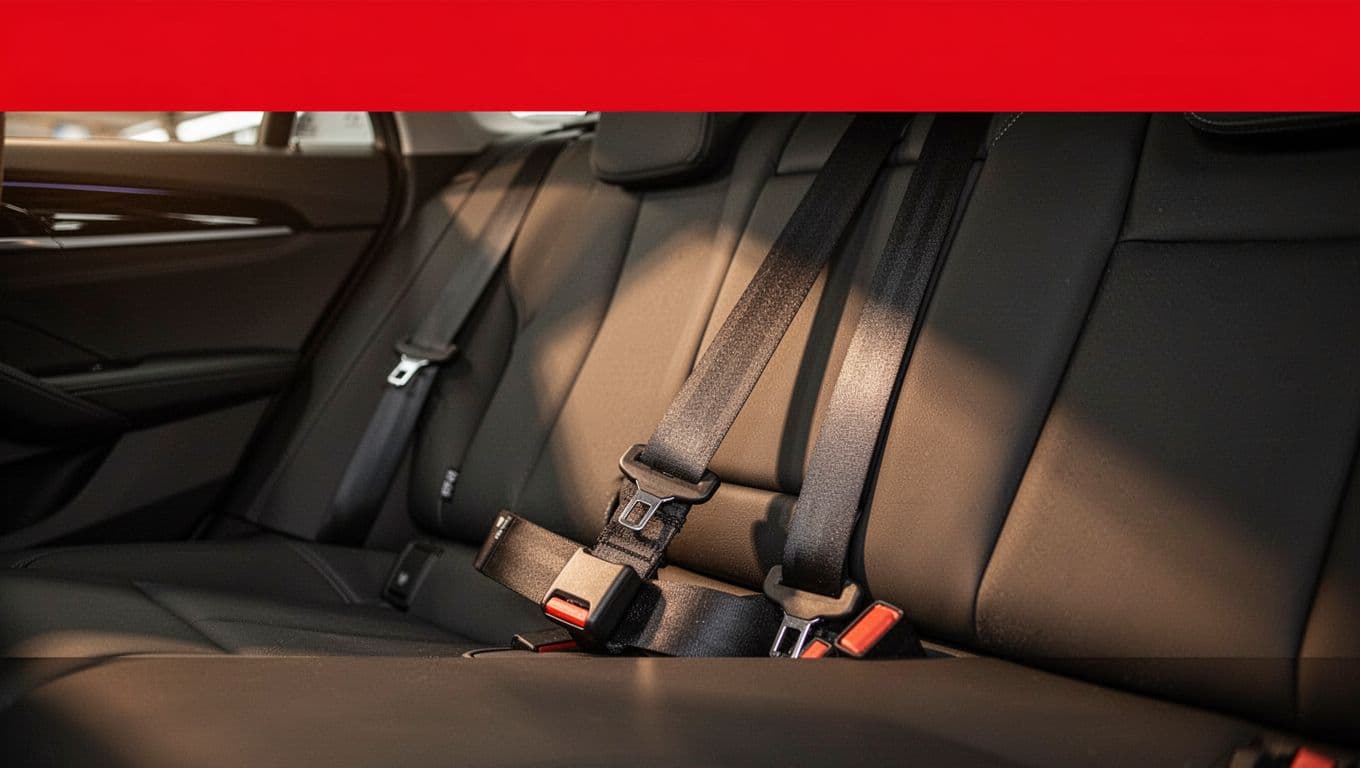 A dry seat belt aligned through the anchor and buckle inside a clean car.
