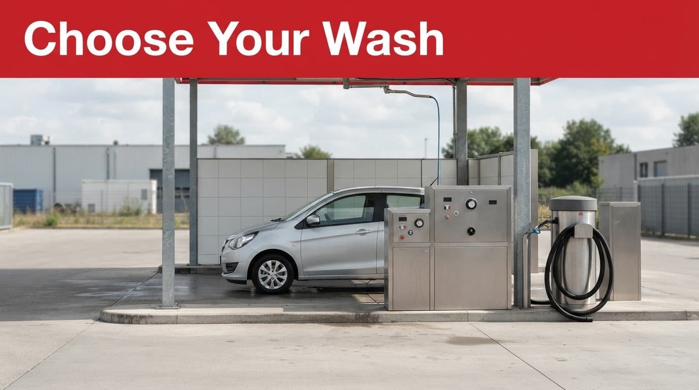 Compact family car beside a self-service wash bay with a vacuum hose and cleaning equipment.