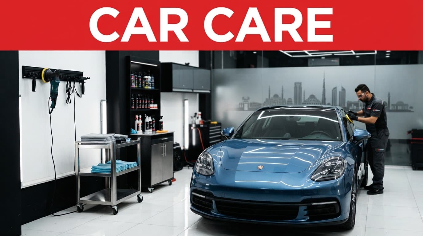 A car detailing station with organized equipment, a red CAR CARE banner, and one worker in the background.