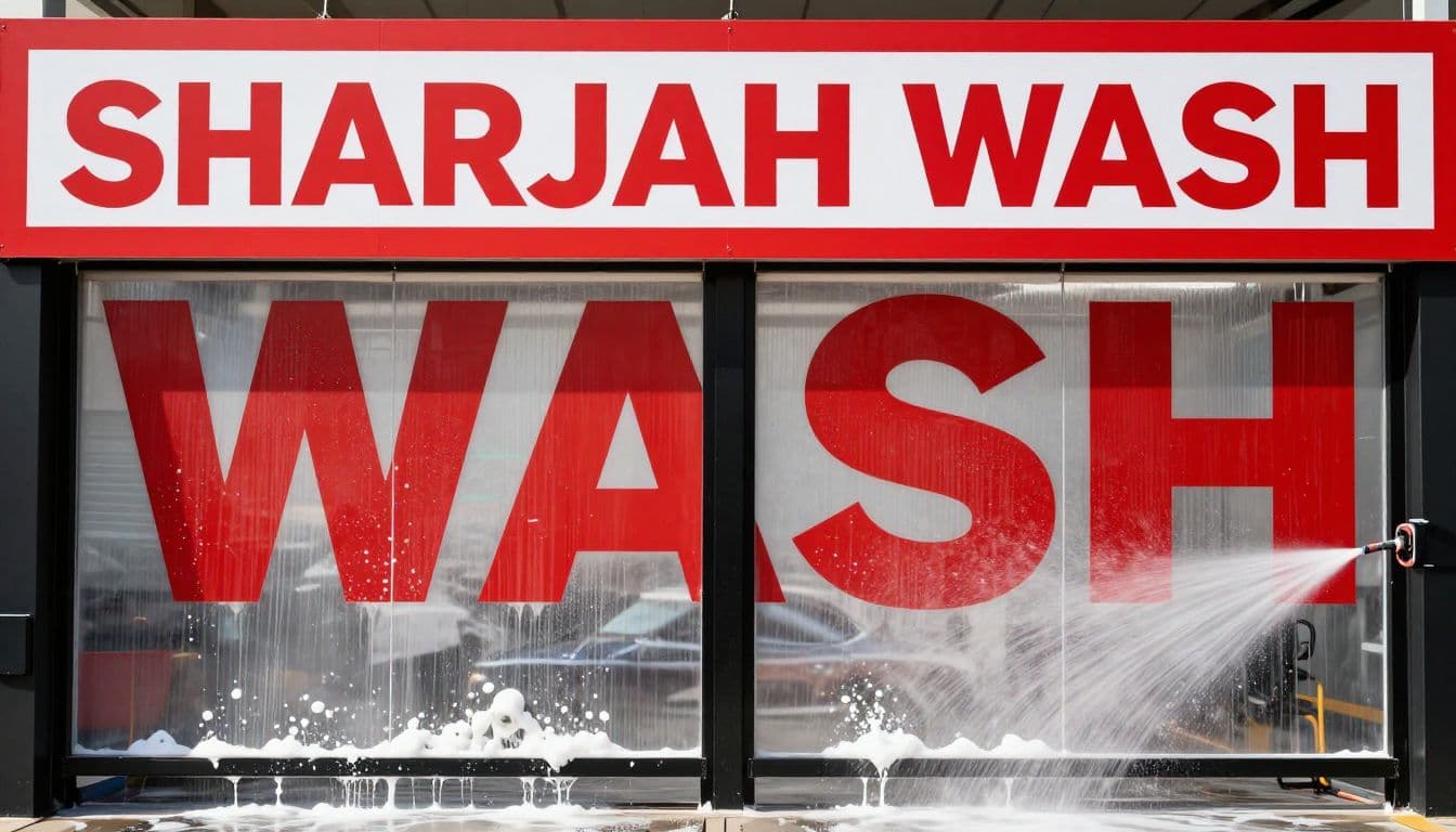 Modern car wash spraying foam and water beneath a red SHARJAH WASH banner.